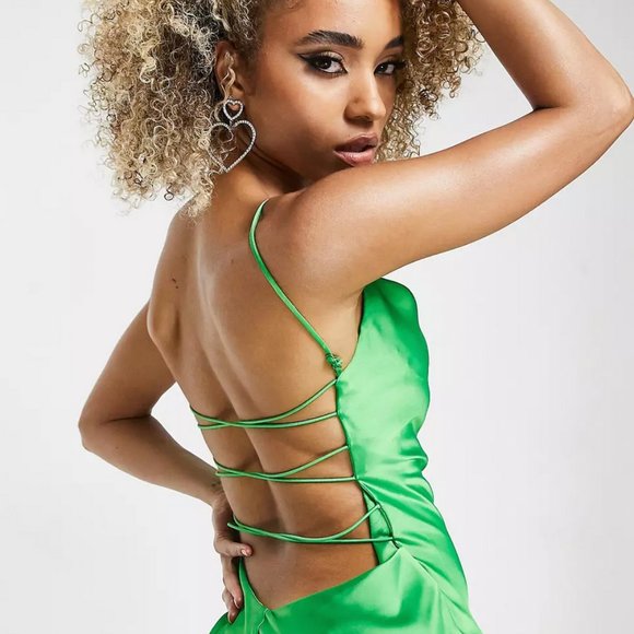 EUC ASYOU - Cowl Neck Satin Slip Midi Dress - Green Color - Picture 2 of 5